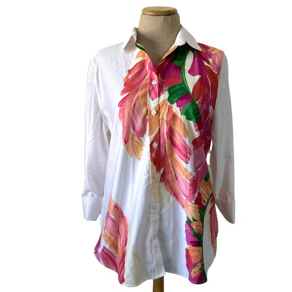 Chicos Womens Sz 6 Button Down Shirt White Floral Leaf Print Cotton Blend - Picture 10 of 11